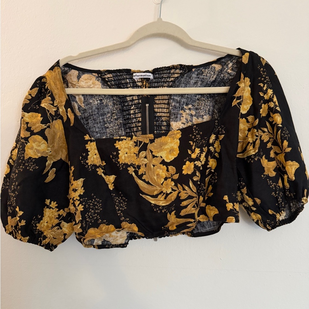 Reformation Black and Gold Floral Blouse and Skirt